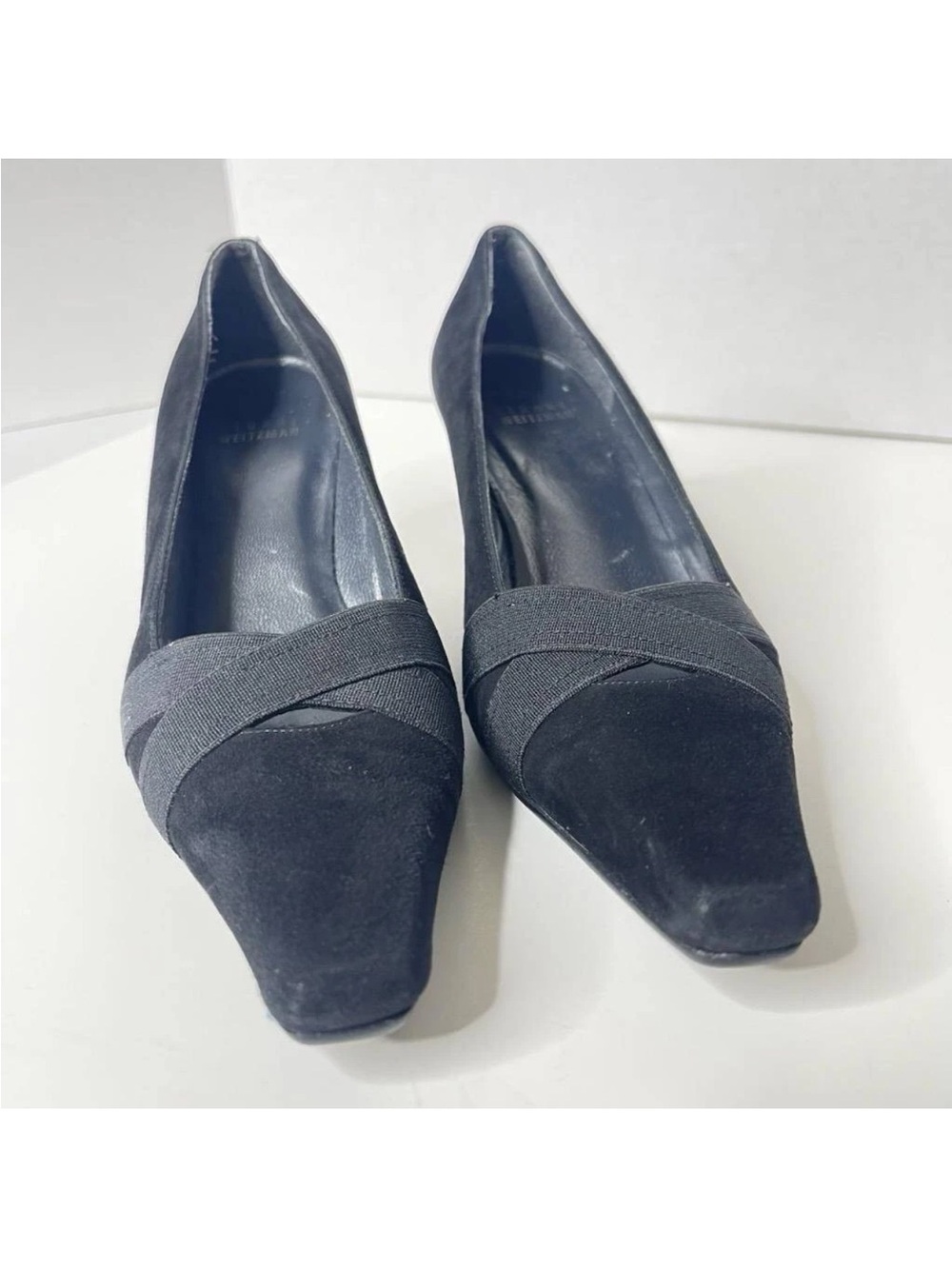Stuart Weitzman Women's Black Suede Criss Cross Strap Kitten Heel Pumps Sz 6